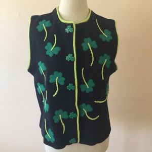 Vintage BellePointe Black Sweater Vest with Lime Green Trim & Green Appliqués